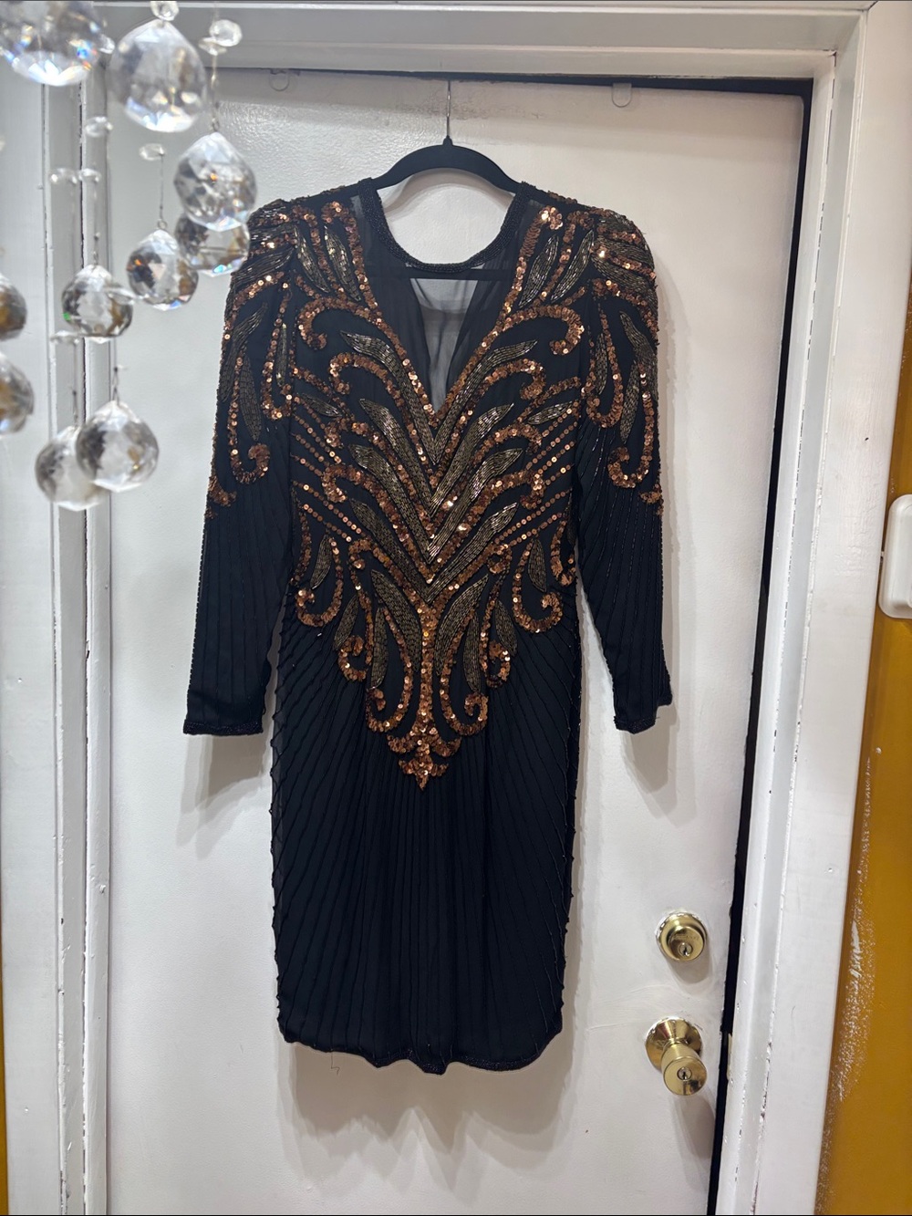 Black Long-Sleeve Dress with Bronze Sequin Motif